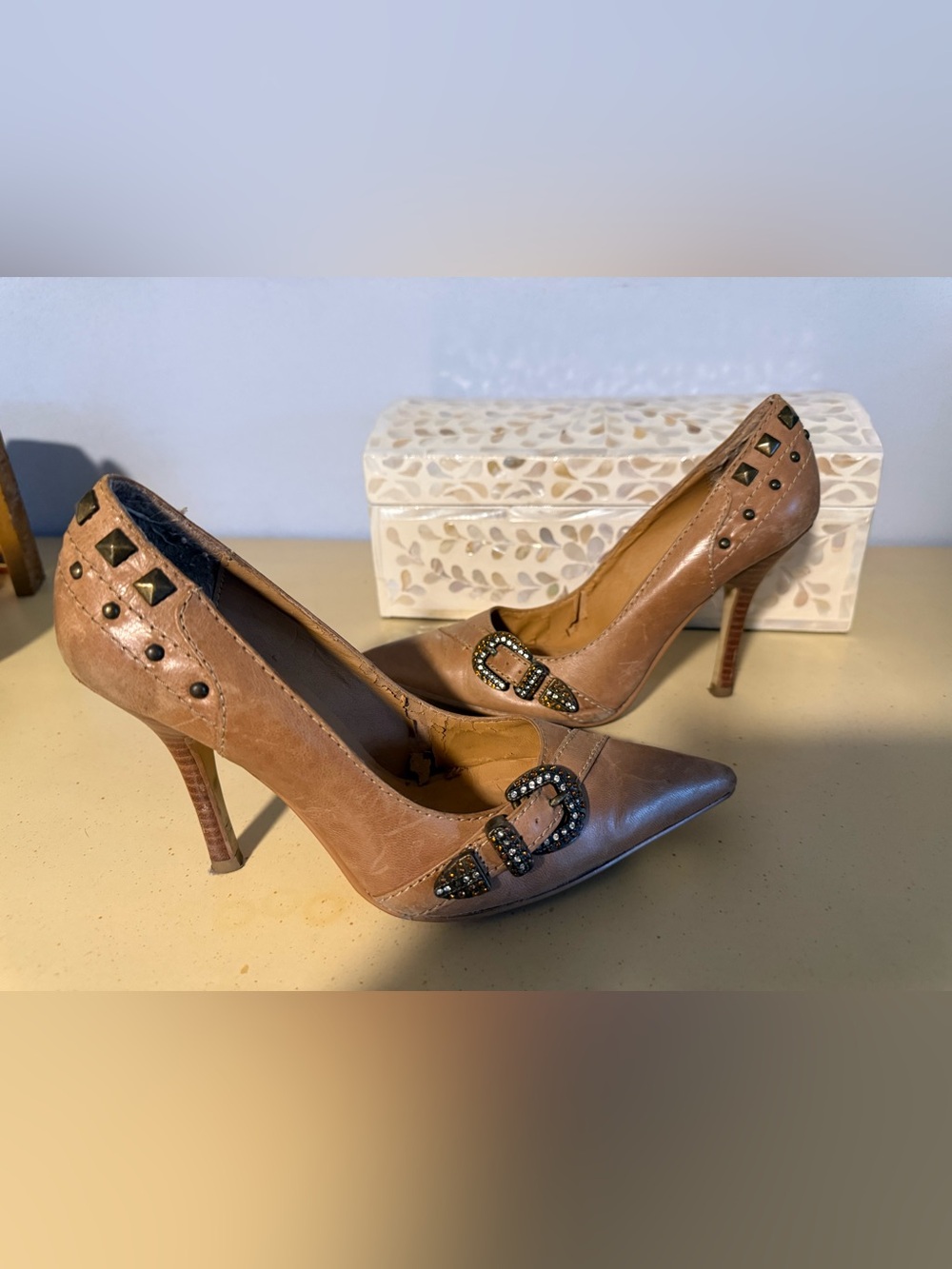Two Lips Tan Pointed Toe Stiletto Heels with Jeweled Buckle